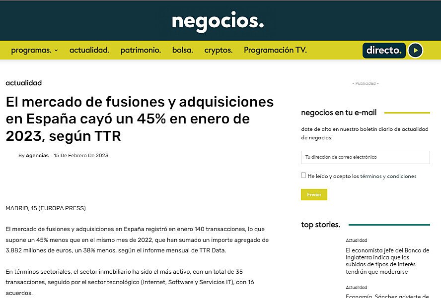 El mercado de fusiones y adquisiciones en Espaa cay un 45% en enero de 2023, segn TTR